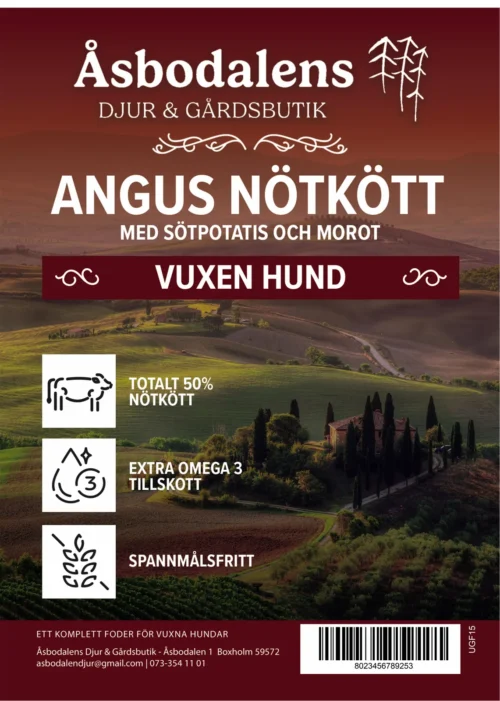 Åsbodalens Angus nötkött med sötpotatis och morot – vuxen hund, – hundfoder