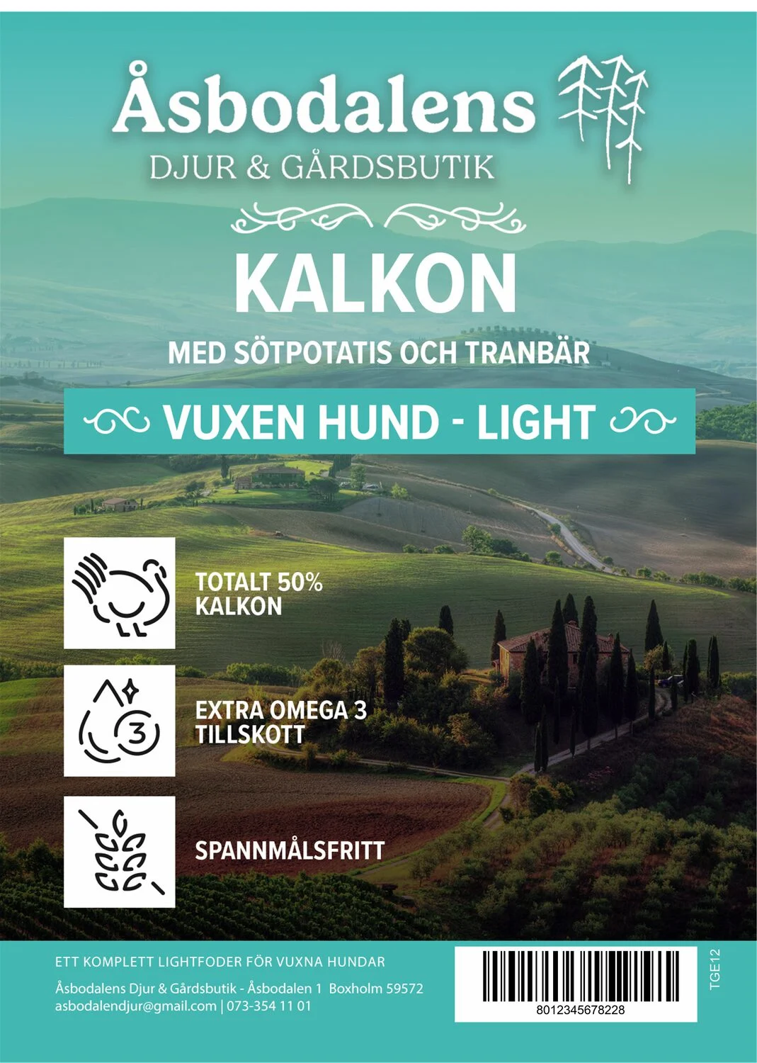 Åsbodalens Spannmålsfria KALKON MED SÖTPOTATIS OCH TRANBÄR VUXEN HUND LIGHT 2kg